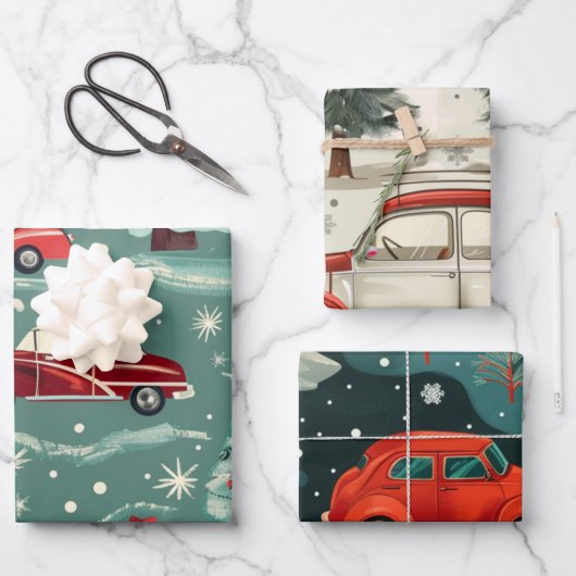 クリスマスカーパターン ラッピングペーパーシート (正面)