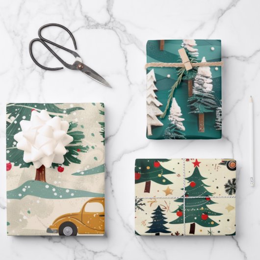 クリスマスカーパターン ラッピングペーパーシート (正面)