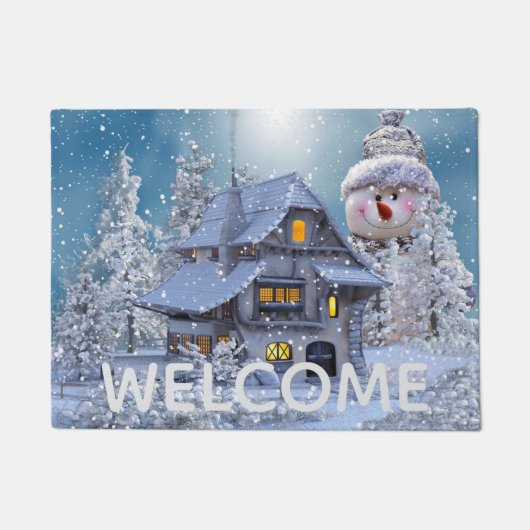 クリスマスカー装飾冬白色雪だるまブルー ドアマット (正面)