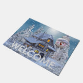 クリスマスカー装飾冬白色雪だるまブルー ドアマット (アングル)