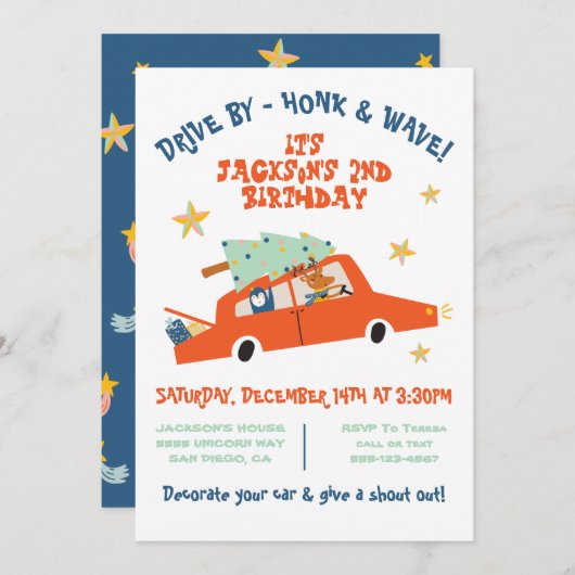 クリスマスカー誕生日パレードパーティー 招待状 (正面/裏面)