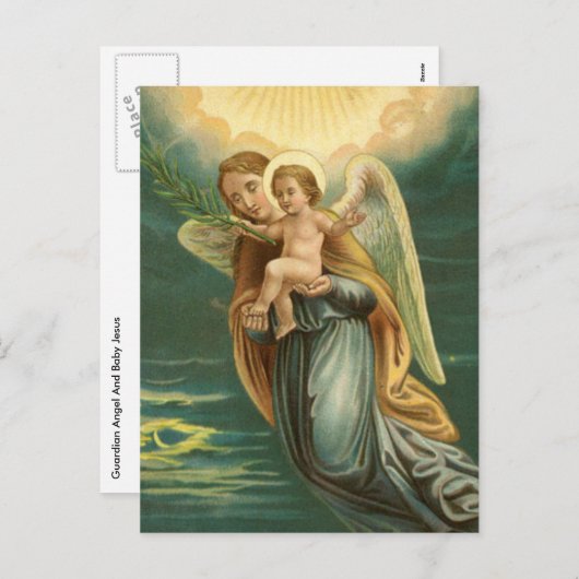 クリスマスガーディアンエンジェルとベビーイエス シーズンポストカード (正面/裏面)