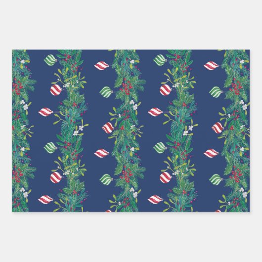 クリスマスガーランドモミの枝ミストレトーホリー ラッピングペーパーシート (正面2)