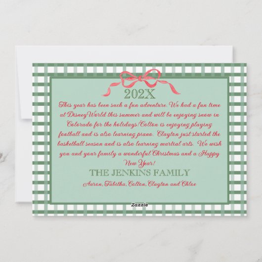 クリスマスガーランドレッドリボングリーンギンガム シーズンカード (裏面)