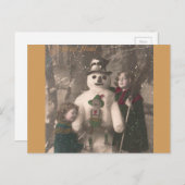 クリスマスガールと雪だるまヴィンテージ写真 シーズンポストカード (正面/裏面)