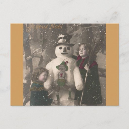 クリスマスガールと雪だるまヴィンテージ写真 シーズンポストカード (正面)