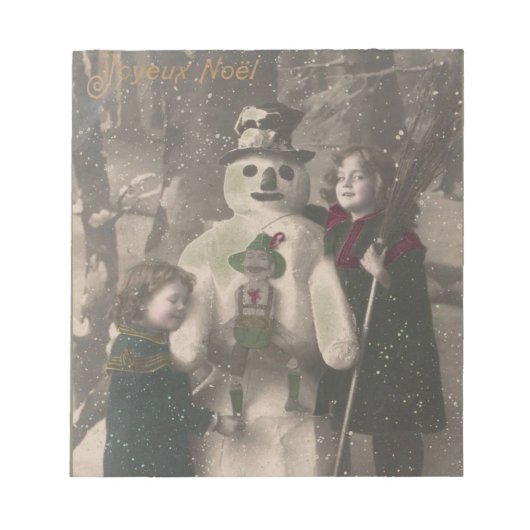 クリスマスガールと雪だるまヴィンテージ写真 ノートパッド (正面)