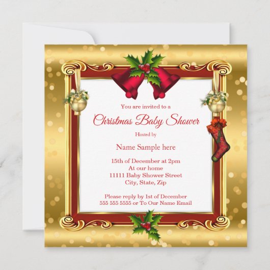 クリスマスガールまたは男の子の赤いシャワー赤い金ゴールドボックスオウム 招待状 (裏面)