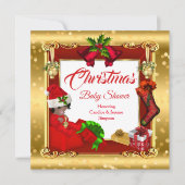 クリスマスガールまたは男の子の赤いシャワー赤い金ゴールドボックスオウム 招待状 (正面)