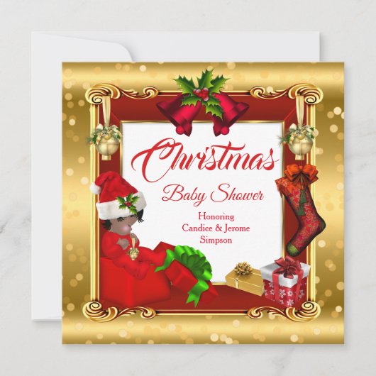 クリスマスガールまたは男の子の赤いシャワー赤い金ゴールドボックスオウム 招待状 (正面)