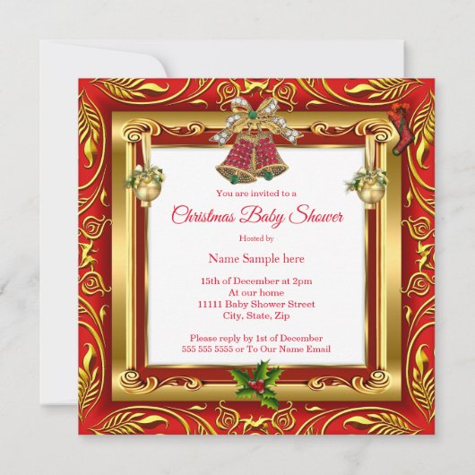 クリスマスガールまたは男の子の赤シャワーレッド金ゴールド 招待状 (裏面)