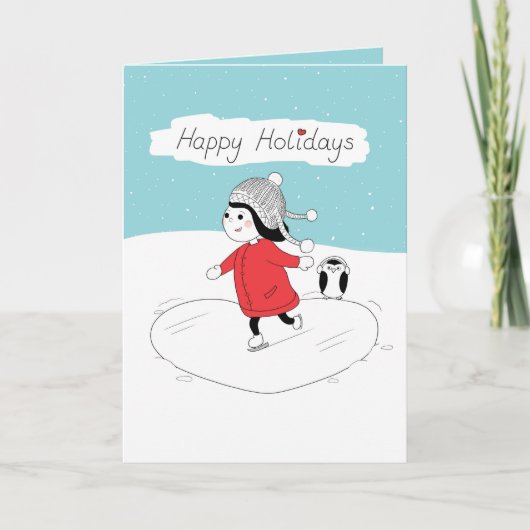 クリスマスガールアイススケートで滑るホリデーカード シーズンカード (正面)