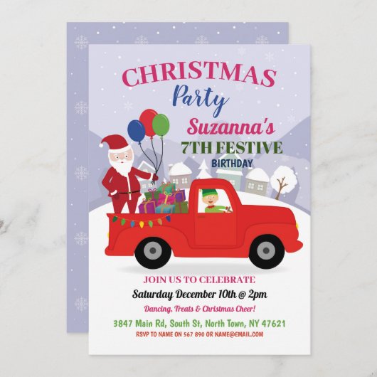 クリスマスガールズ誕生日サンタパーティーフェスティバル 招待状 (正面/裏面)