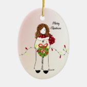 クリスマスガールホールディングリースとライト セラミックオーナメント (正面)