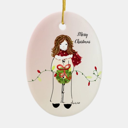 クリスマスガールホールディングリースとライト セラミックオーナメント (正面)