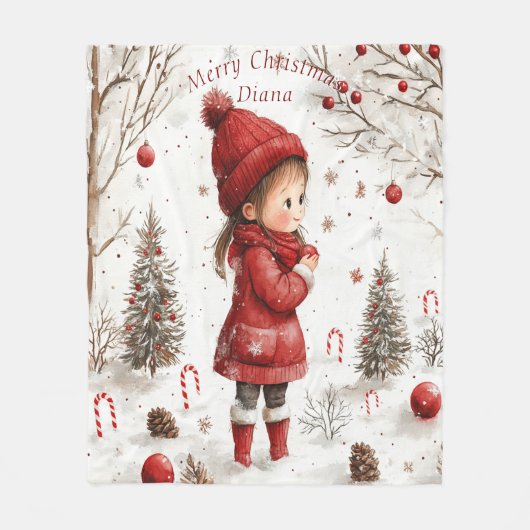 クリスマスガールレッドコートクリスマスツリーキャンディーケーン フリースブランケット (正面)