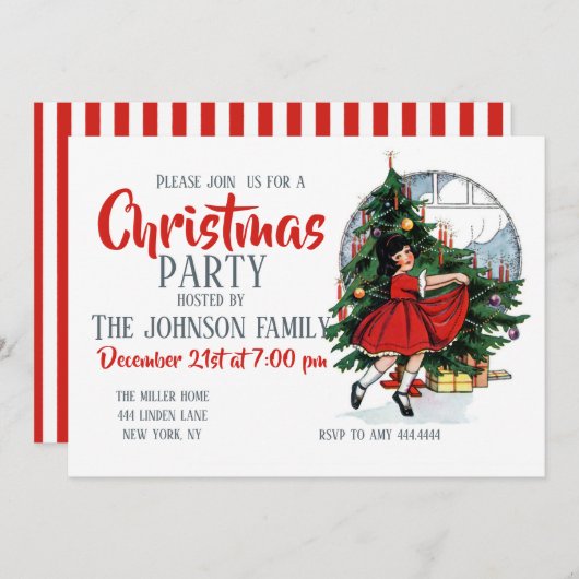 クリスマスガールヴィンテージイラストレーション 招待状 (正面/裏面)