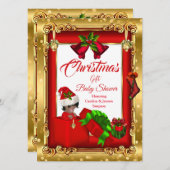 クリスマスガール男の子ベビーシャワー赤金ゴールドギフトボックスA 招待状 (正面/裏面)
