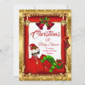 クリスマスガール男の子ベビーシャワー赤金ゴールドギフトボックスA 招待状 (正面)