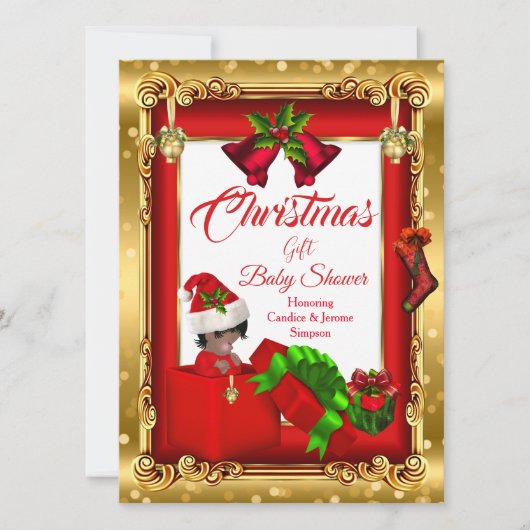 クリスマスガール男の子ベビーシャワー赤金ゴールドギフトボックスA 招待状 (正面)