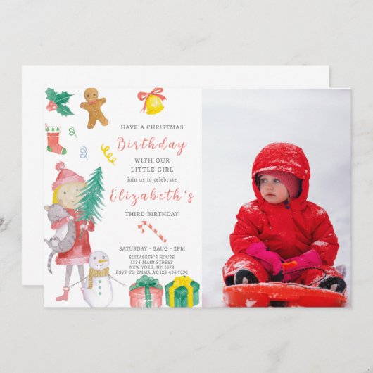 クリスマスガール誕生日招待状と写真 招待状 (正面/裏面)