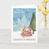 クリスマスキスうさぎのラビットたち冬のセーター カード (黄色い花)