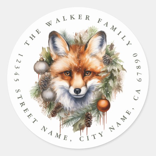 クリスマスキツネラウンドスティッカー ラウンドシール (正面)