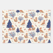 クリスマスキツネ3パターンのかわいい赤いクリスマス ラッピングペーパーシート (正面2)