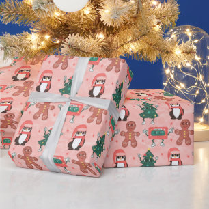 クリスマスキャセットのテープ、木、ペンギン、ジンジャー ラッピングペーパー