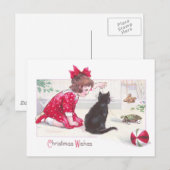 クリスマスキャットが亀を引っ張るおもちゃのヴィンテージ シーズンポストカード (正面/裏面)