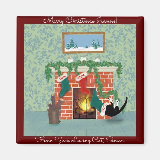 クリスマスキャットとストッキングおもしろいパーソナライズされた マグネット (正面)