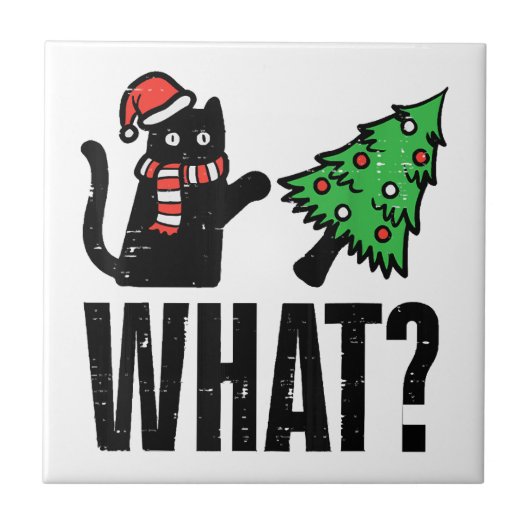 クリスマスキャットのクリスマスツリーおもしろい タイル (正面)