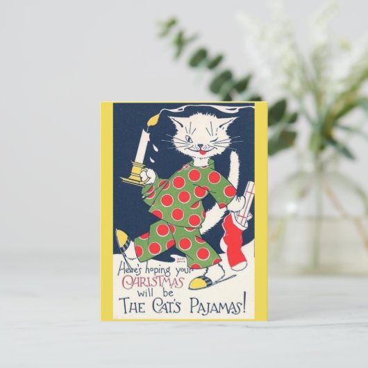 クリスマスキャットのパジャマのはがきおもしろい シーズンポストカード (スタンド正面)