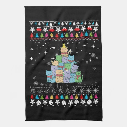 クリスマスキャットの木の醜いクリスマス キッチンタオル (縦)