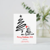 クリスマスキャットサンタハットおもしろいかわいい白黒 シーズンポストカード (スタンド正面)