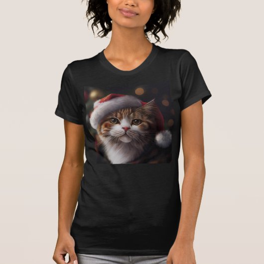 クリスマスキャットサンタハットTシャツ Tシャツ (正面)