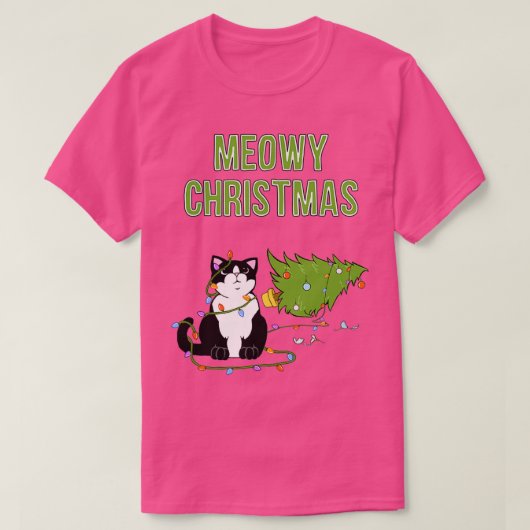 クリスマスキャットツキシード猫クリスマスツリーおもしろい子猫ミオ Tシャツ (デザイン正面)