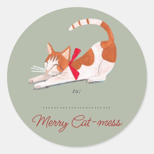 クリスマスキャットトナカイのグリーンホリデー ラウンドシール (正面)