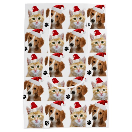 クリスマスキャットドッグかわいい赤い白いクリスマス休日 ミディアムペーパーバッグ (裏面)
