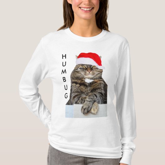 クリスマスキャットハンバグサンタハットウィメンズ長袖 Tシャツ (正面)