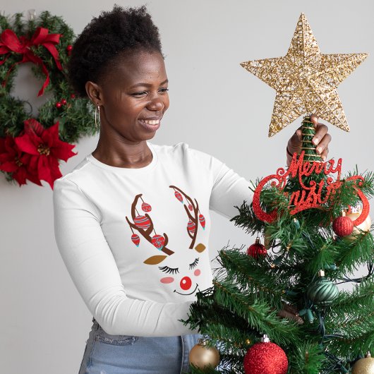 クリスマスキャットハンバグサンタハットウィメンズ長袖 Tシャツ