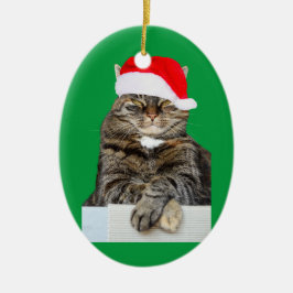 クリスマスキャットハンバグフォトオーバルオーナメント セラミックオーナメント