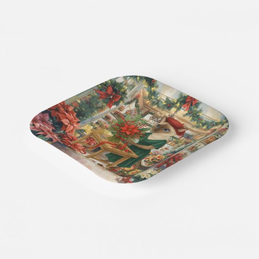 クリスマスキャットフローリストが花を飾っている ペーパープレート (傾斜あり)