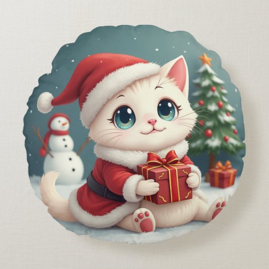 クリスマスキャット円形クッション ラウンドクッション (正面)