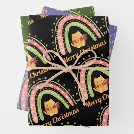 クリスマスキャット及びレインボーラッピング紙シート ラッピングペーパーシート (インサイチュ)