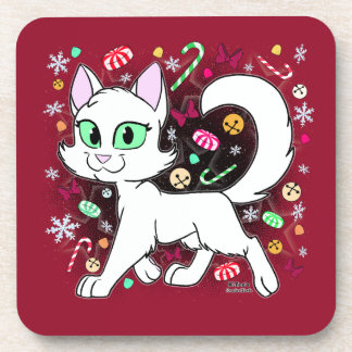 クリスマスキャット 丸いクッション (赤) コースター
