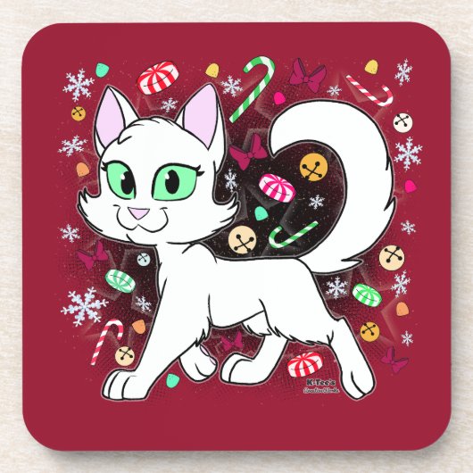 クリスマスキャット 丸いクッション (赤) コースター (正面)