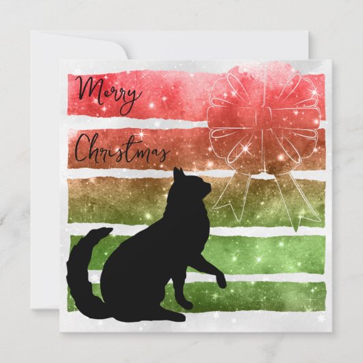 クリスマスキャット、輝く赤と緑の平らな帯がついた シーズンカード (正面)