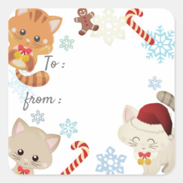クリスマスキャット 雪の結晶パターンのホリデーギフトタグ スクエアシール
