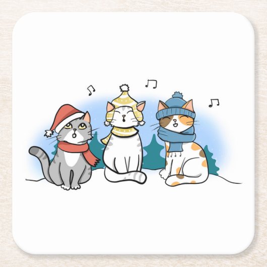 クリスマスキャロルを歌う漫画の猫 スクエアペーパーコースター (正面)